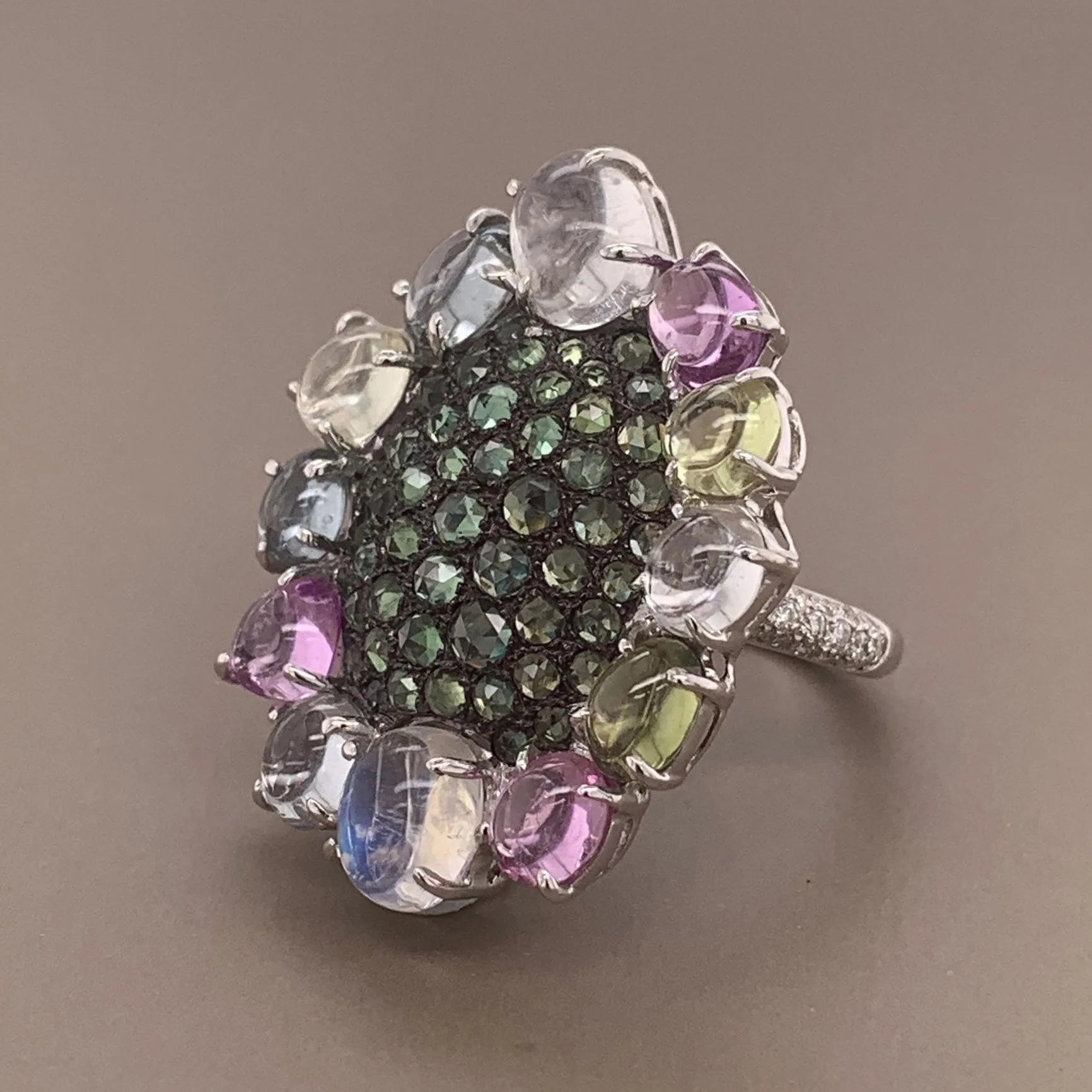 Modern Diamond Sapphire Moonstone Gold Cocktail Ring