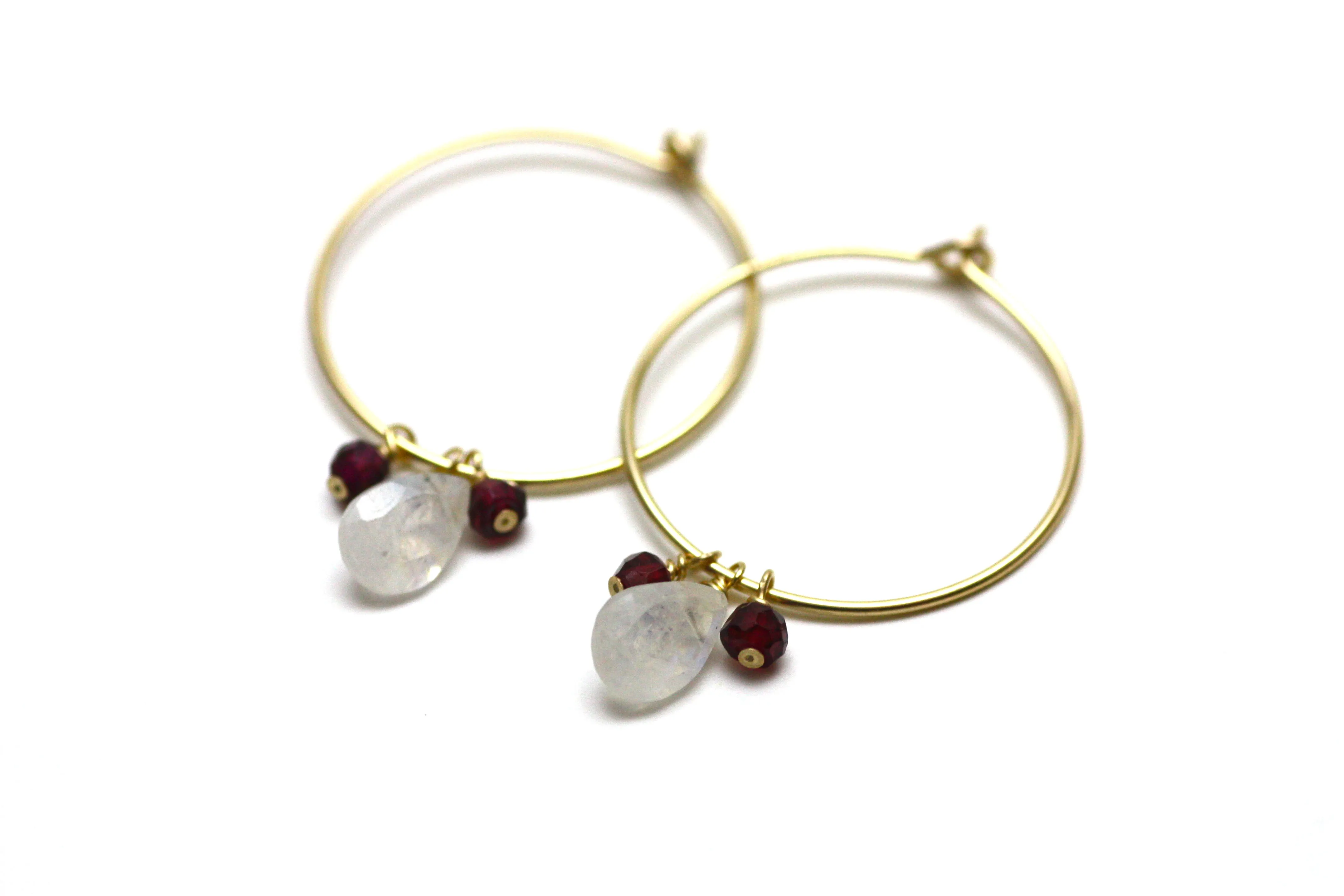 Moonstone and Garnet Hoop Earrings in Gold
