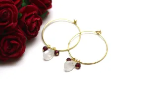 Moonstone and Garnet Hoop Earrings in Gold