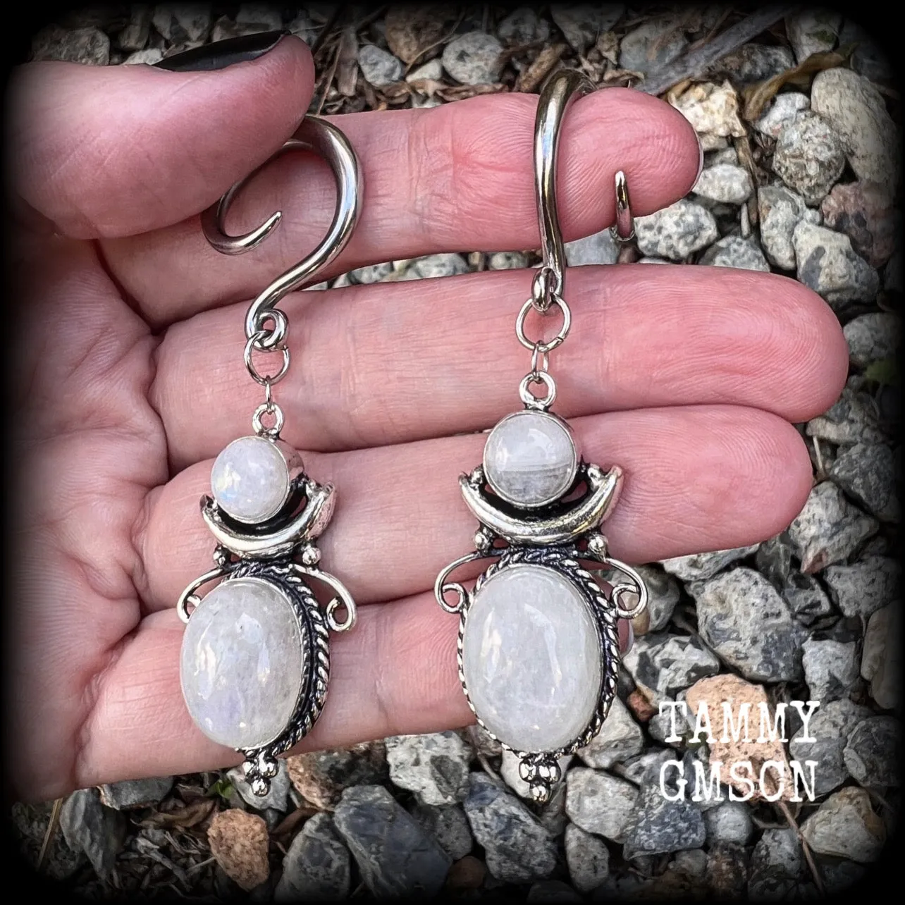 Moonstone boho gauged earrings-Gemstone ear weights
