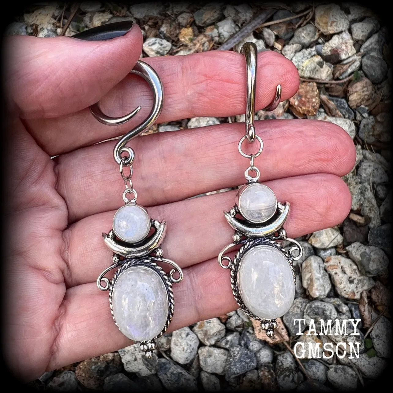 Moonstone boho gauged earrings-Gemstone ear weights