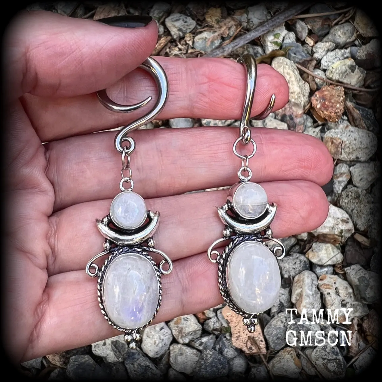 Moonstone boho gauged earrings-Gemstone ear weights