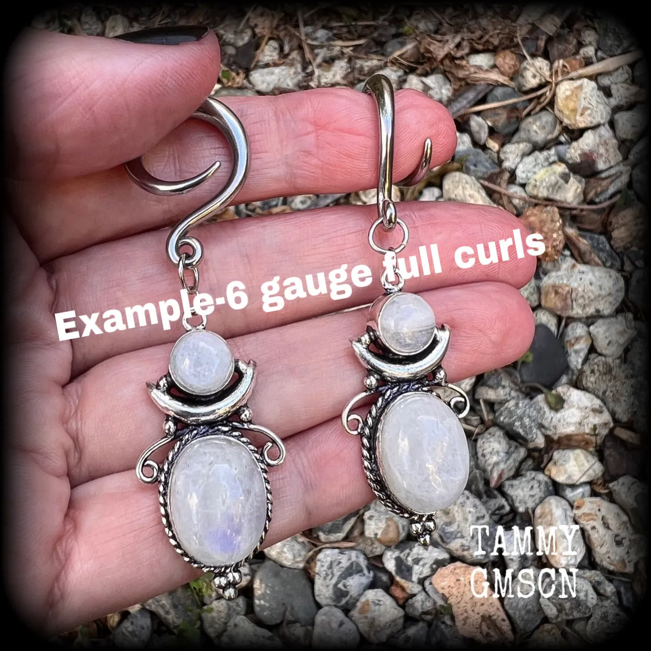 Moonstone boho gauged earrings-Gemstone ear weights