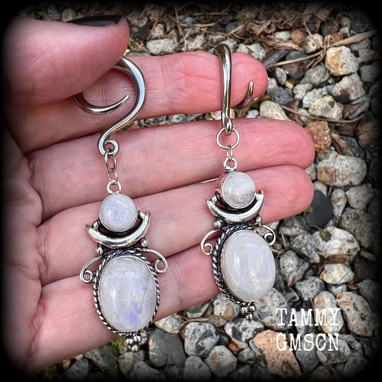 Moonstone boho gauged earrings-Gemstone ear weights