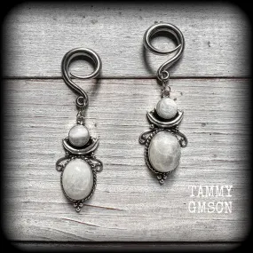 Moonstone boho gauged earrings-Gemstone ear weights