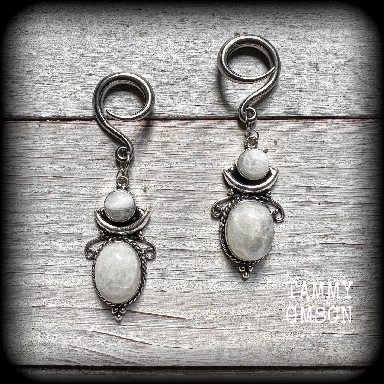 Moonstone boho gauged earrings-Gemstone ear weights