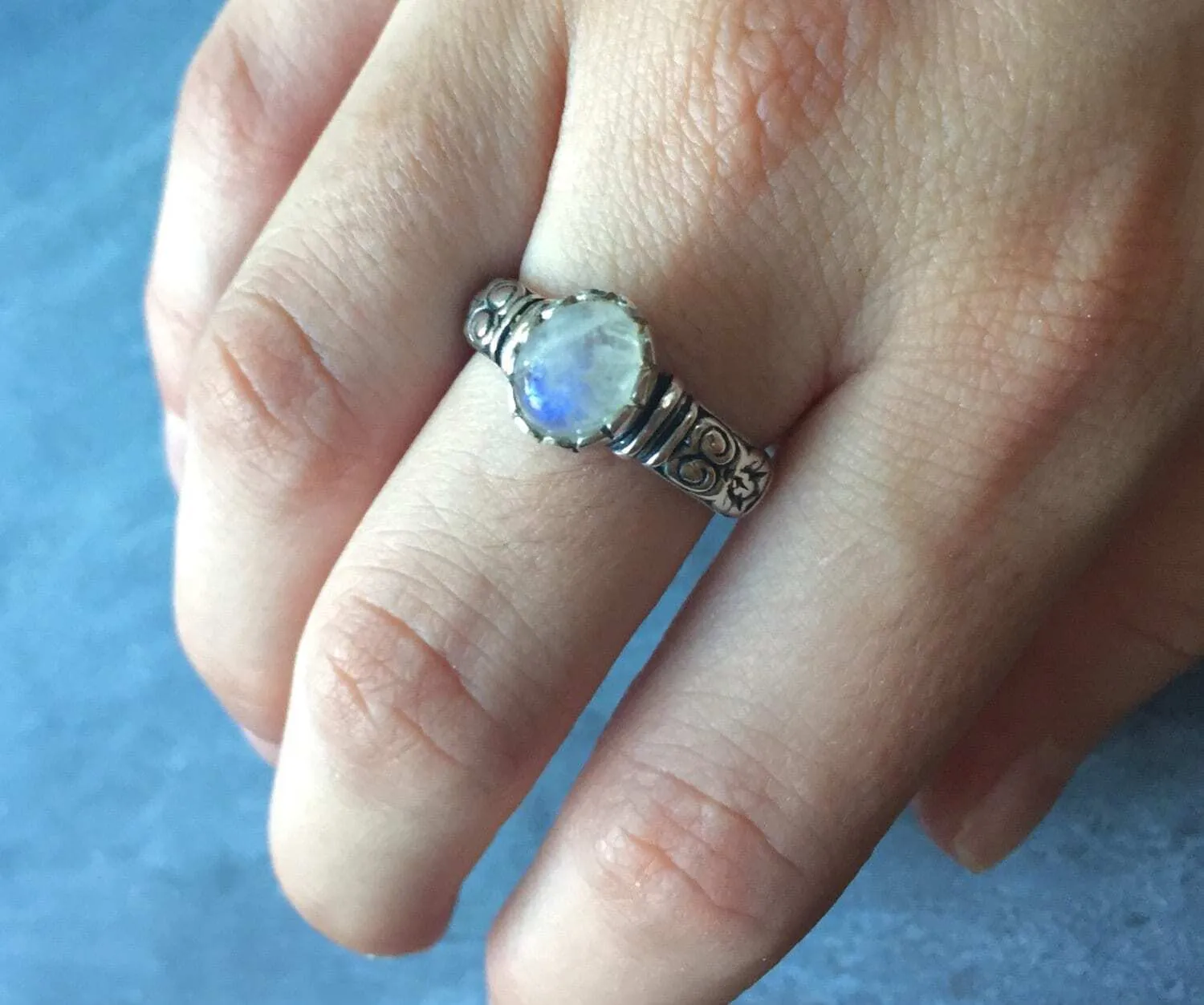 Moonstone Ring - Tribal Boho Band - White Oval Ring