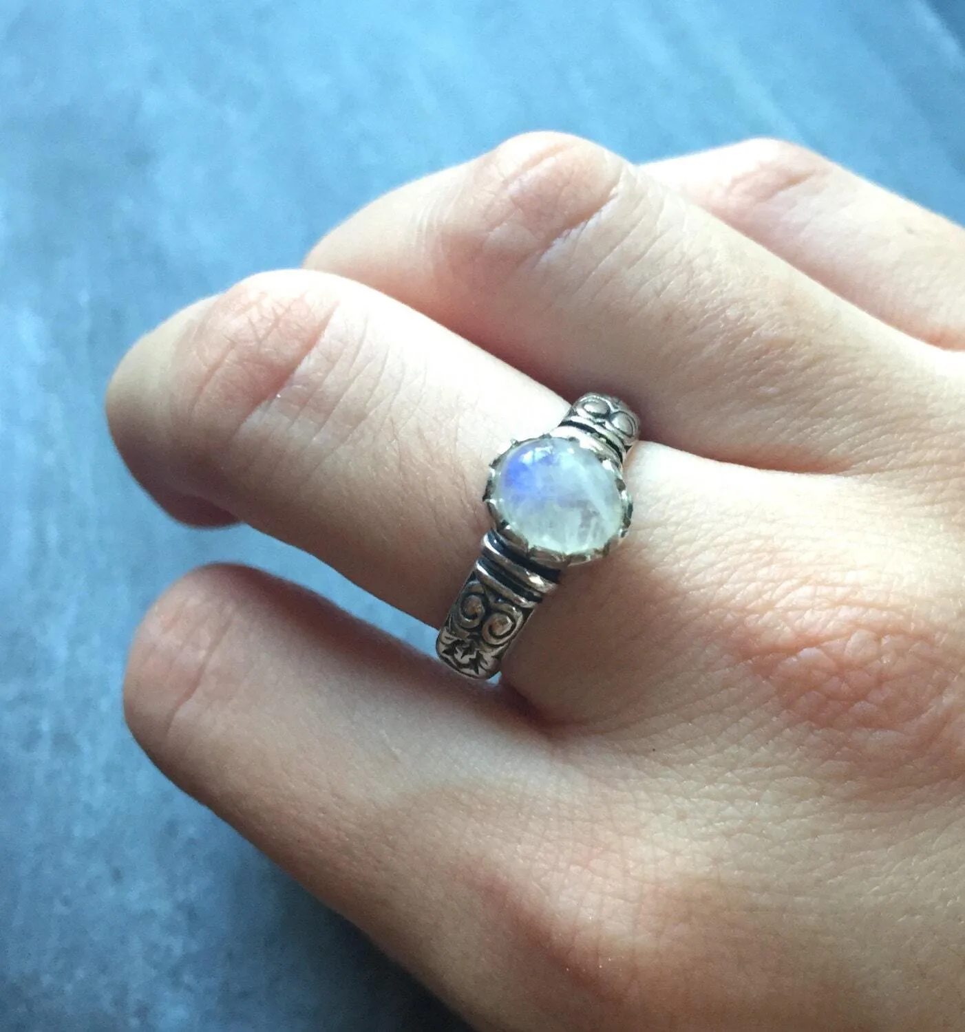 Moonstone Ring - Tribal Boho Band - White Oval Ring