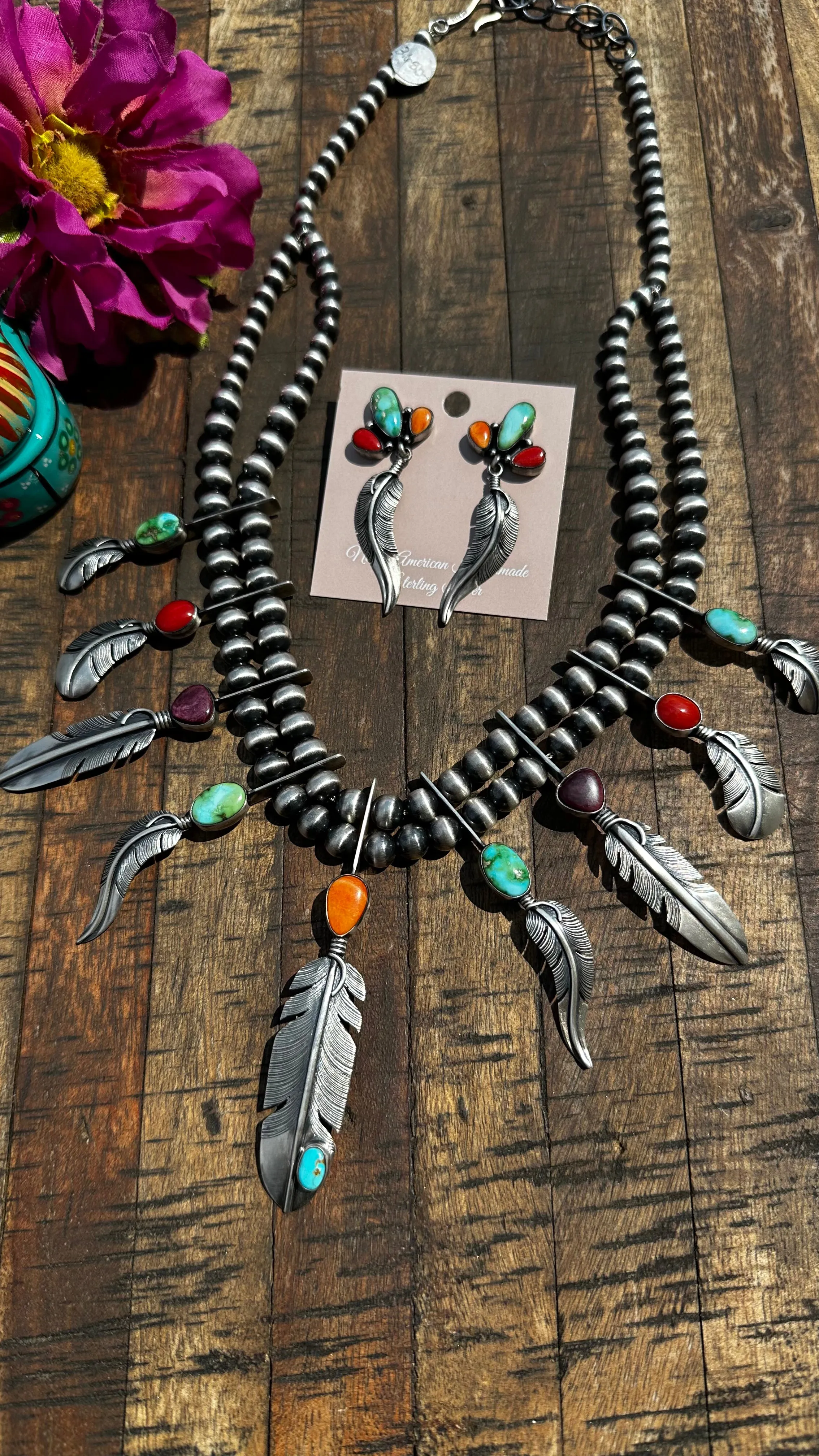 Multi Color Feather Necklace Set