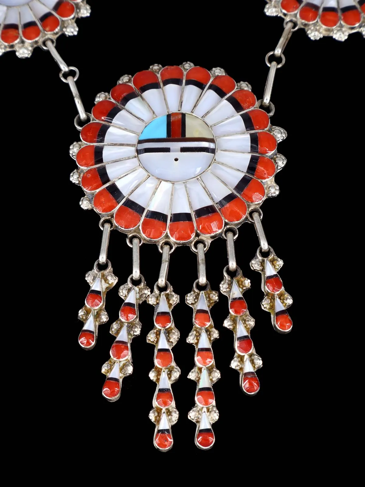 Native American Zuni Inlay Spiny Oyster Sunface Necklace Set