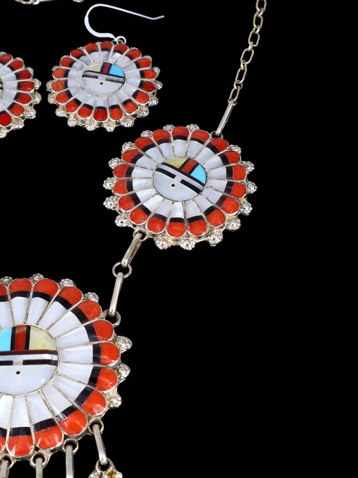 Native American Zuni Inlay Spiny Oyster Sunface Necklace Set