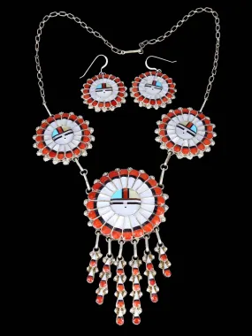 Native American Zuni Inlay Spiny Oyster Sunface Necklace Set