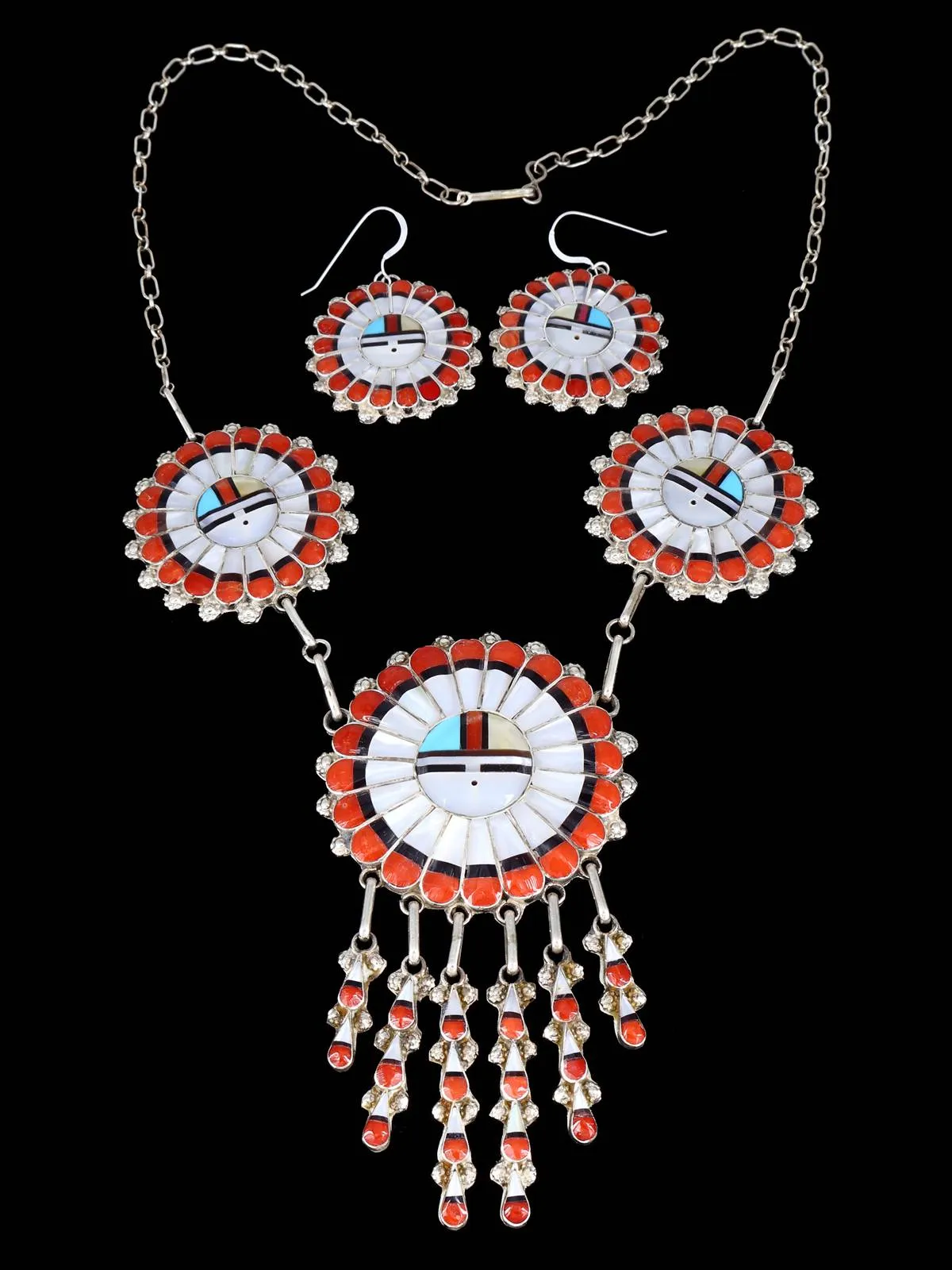 Native American Zuni Inlay Spiny Oyster Sunface Necklace Set