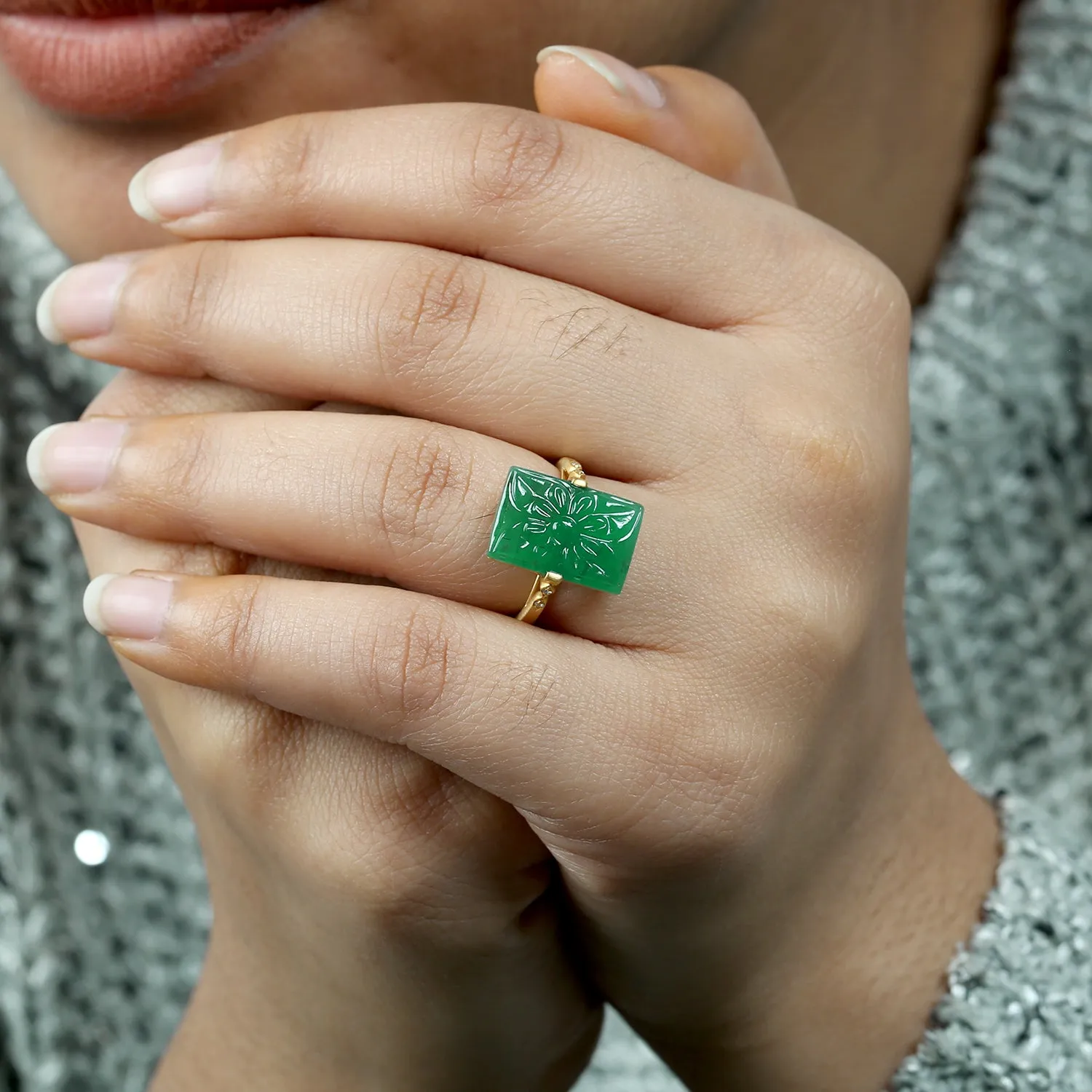 Natural Emerald Carved Pave Diamond Big Ring In 18k Gold