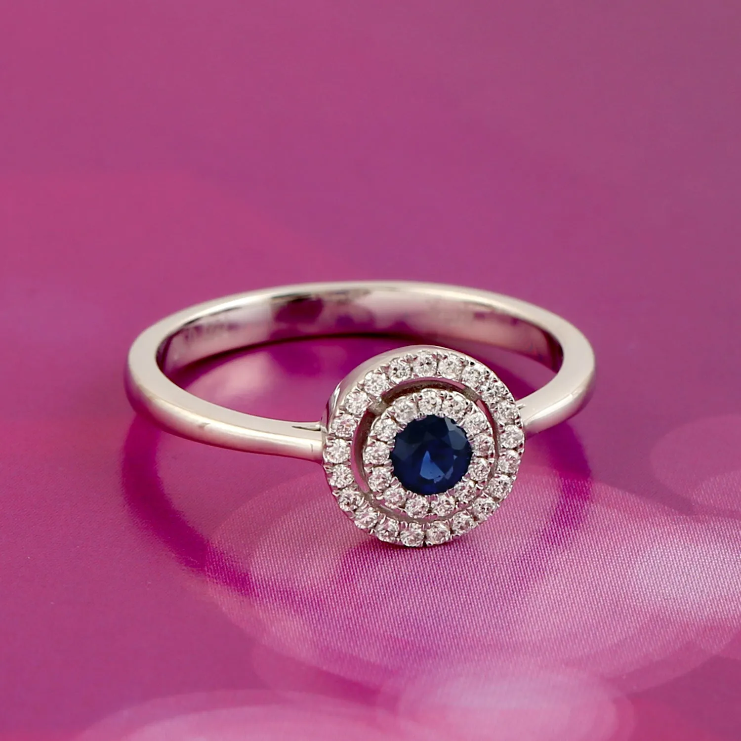 Natural Pave Diamond Blue Sapphire Halo Ring in 14k White Gold For Her