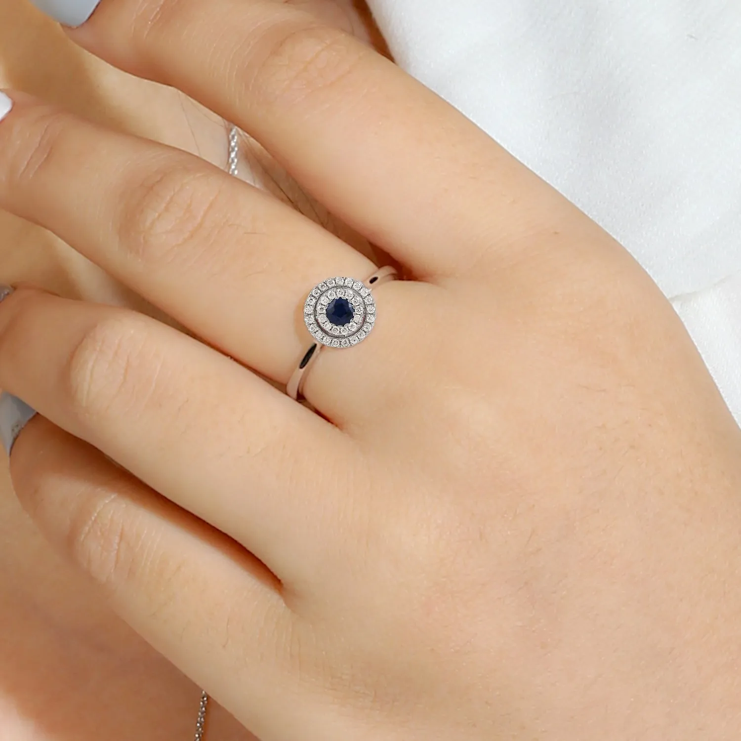 Natural Pave Diamond Blue Sapphire Halo Ring in 14k White Gold For Her