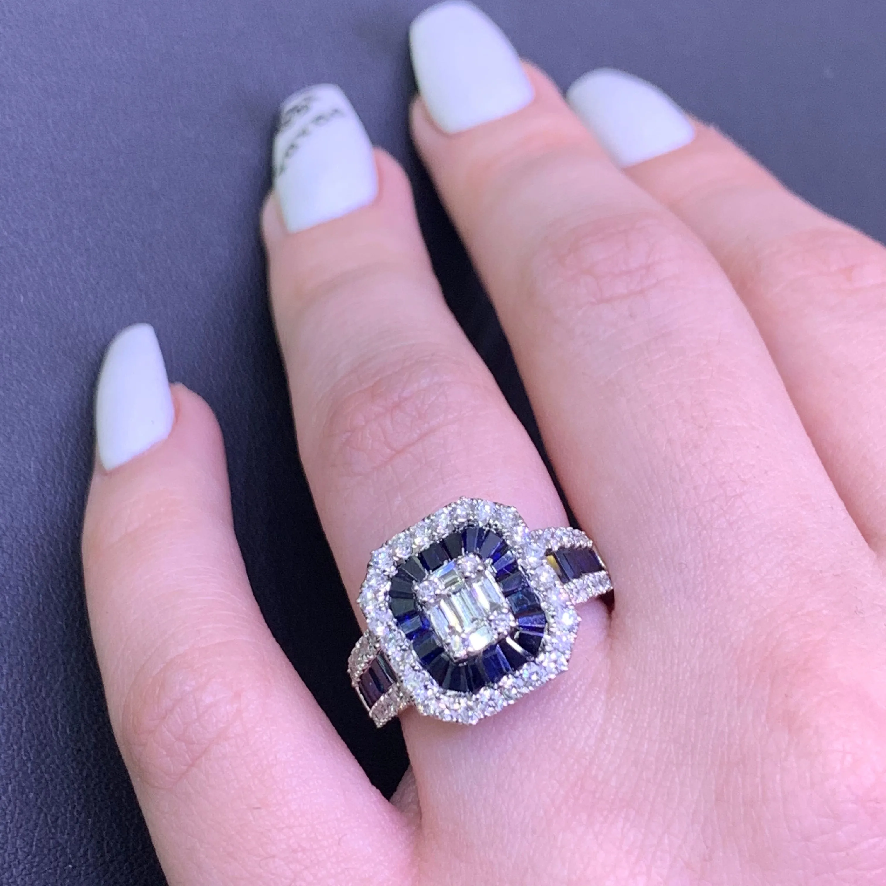Natural Sapphire 14k White Gold Love Ring with Baguette Diamond