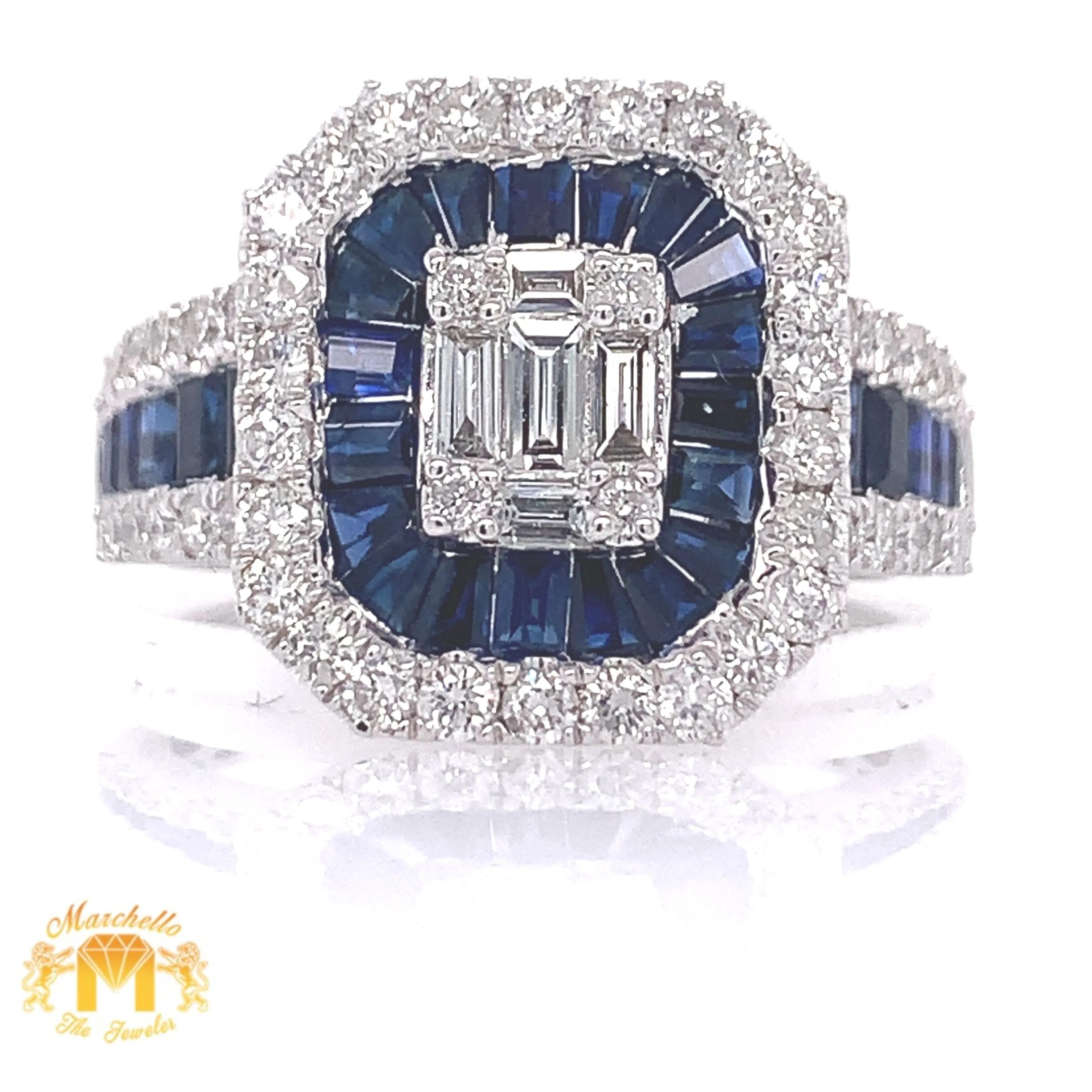 Natural Sapphire 14k White Gold Love Ring with Baguette Diamond