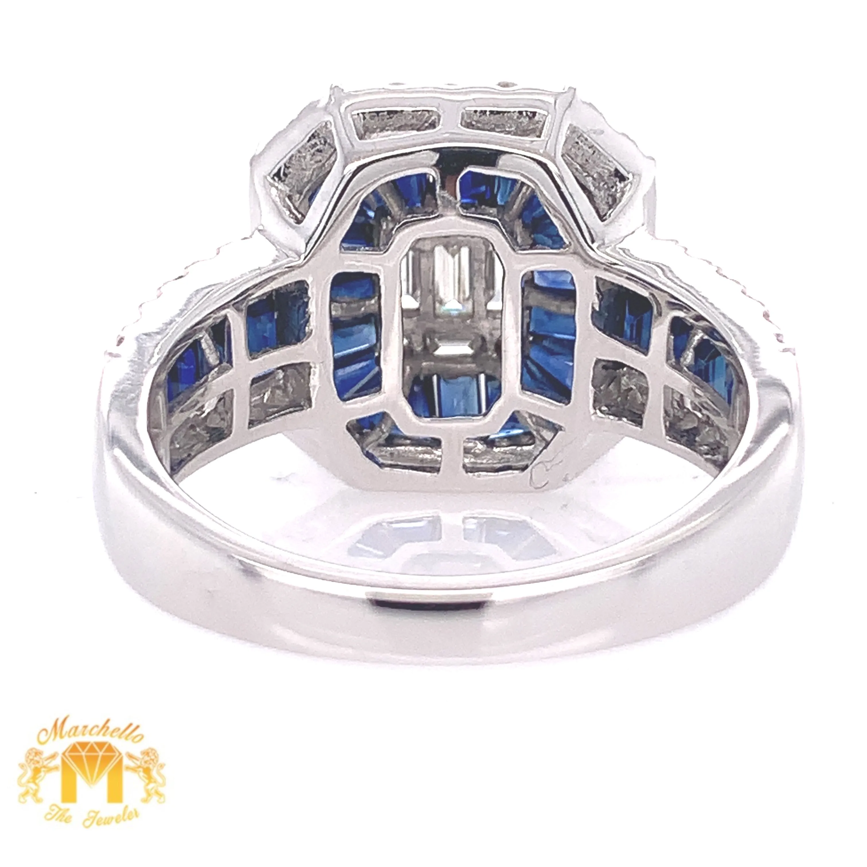 Natural Sapphire 14k White Gold Love Ring with Baguette Diamond