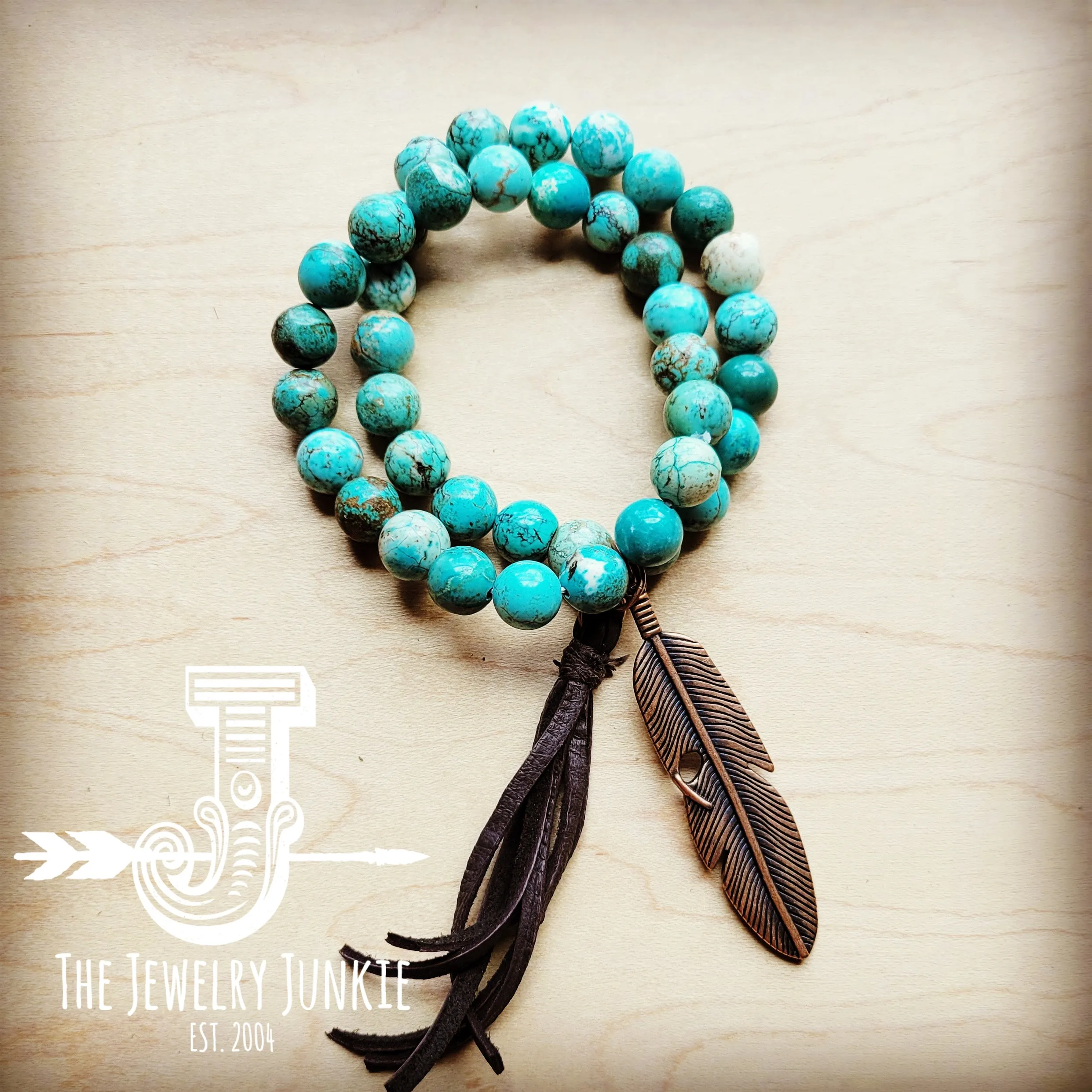 **Natural Turquoise  Beaded Bracelet w/ Copper Indian headdress 805y