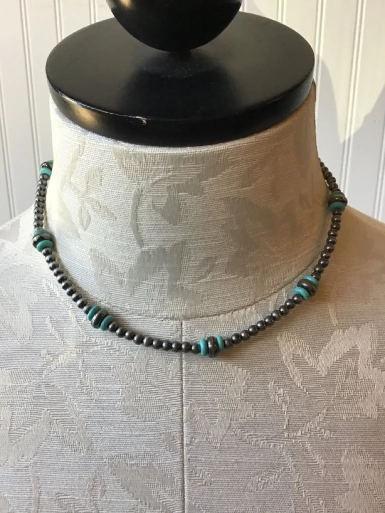 Navajo Style Pearl & Turquoise Choker Necklace
