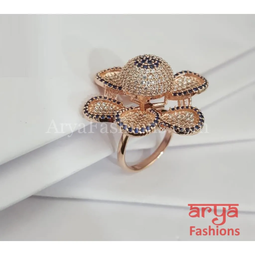 Numi CZ  Flower Cocktail Adjustable Ring, Rose Gold Silver Pink Statement  Ring