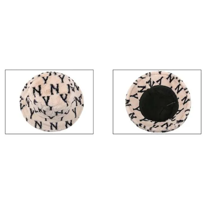 NY Patterned Beige Faux Fur Bucket Hat
