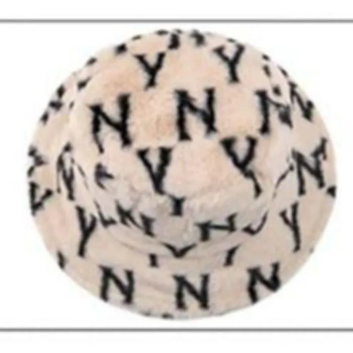 NY Patterned Beige Faux Fur Bucket Hat