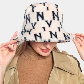 NY Patterned Beige Faux Fur Bucket Hat