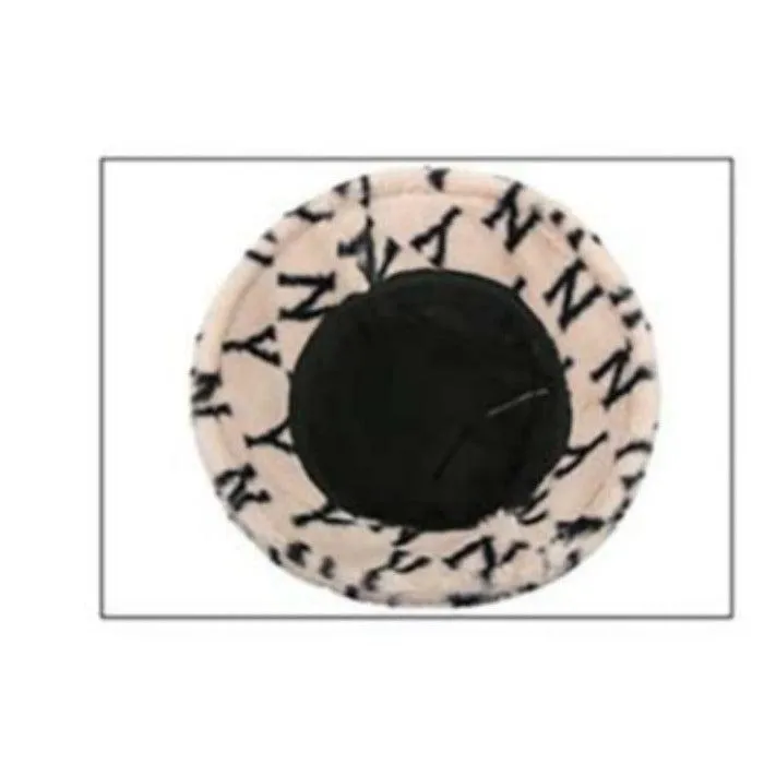 NY Patterned Beige Faux Fur Bucket Hat