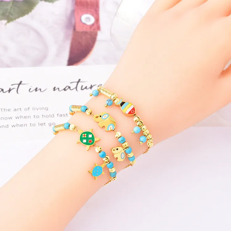 Ornament Cartoon Animal Bracelet Golden Lucky Beads Lucky Elephant Turtle Pendant Titanium Steel Bracelet Does Not Fade