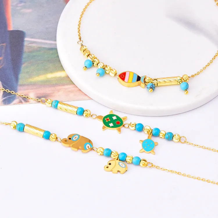 Ornament Cartoon Animal Bracelet Golden Lucky Beads Lucky Elephant Turtle Pendant Titanium Steel Bracelet Does Not Fade