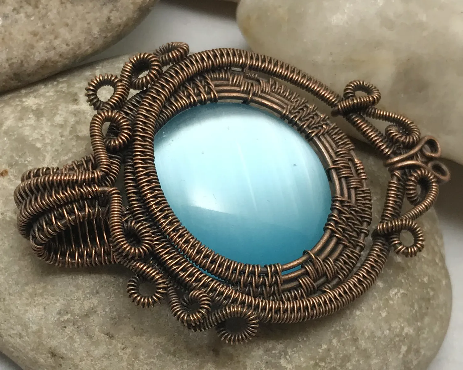 Oxidized Copper Wire Woven & Blue Fiber Optic Glass Pendant