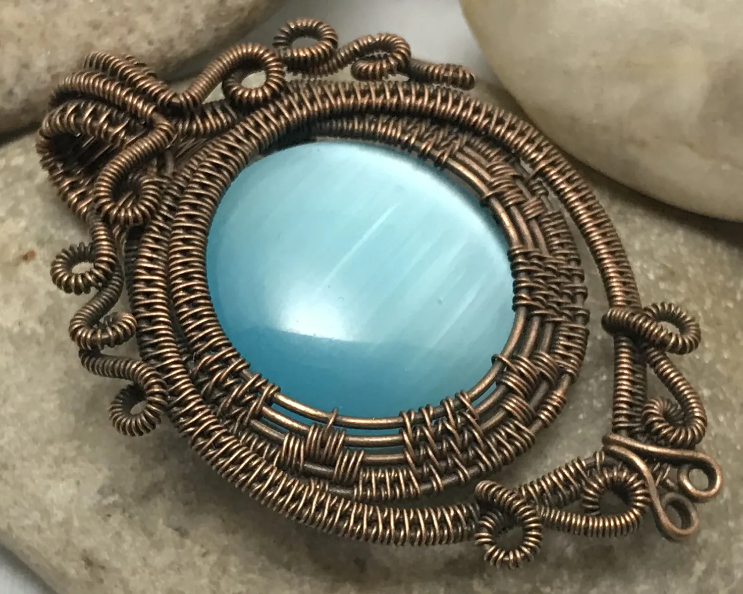 Oxidized Copper Wire Woven & Blue Fiber Optic Glass Pendant
