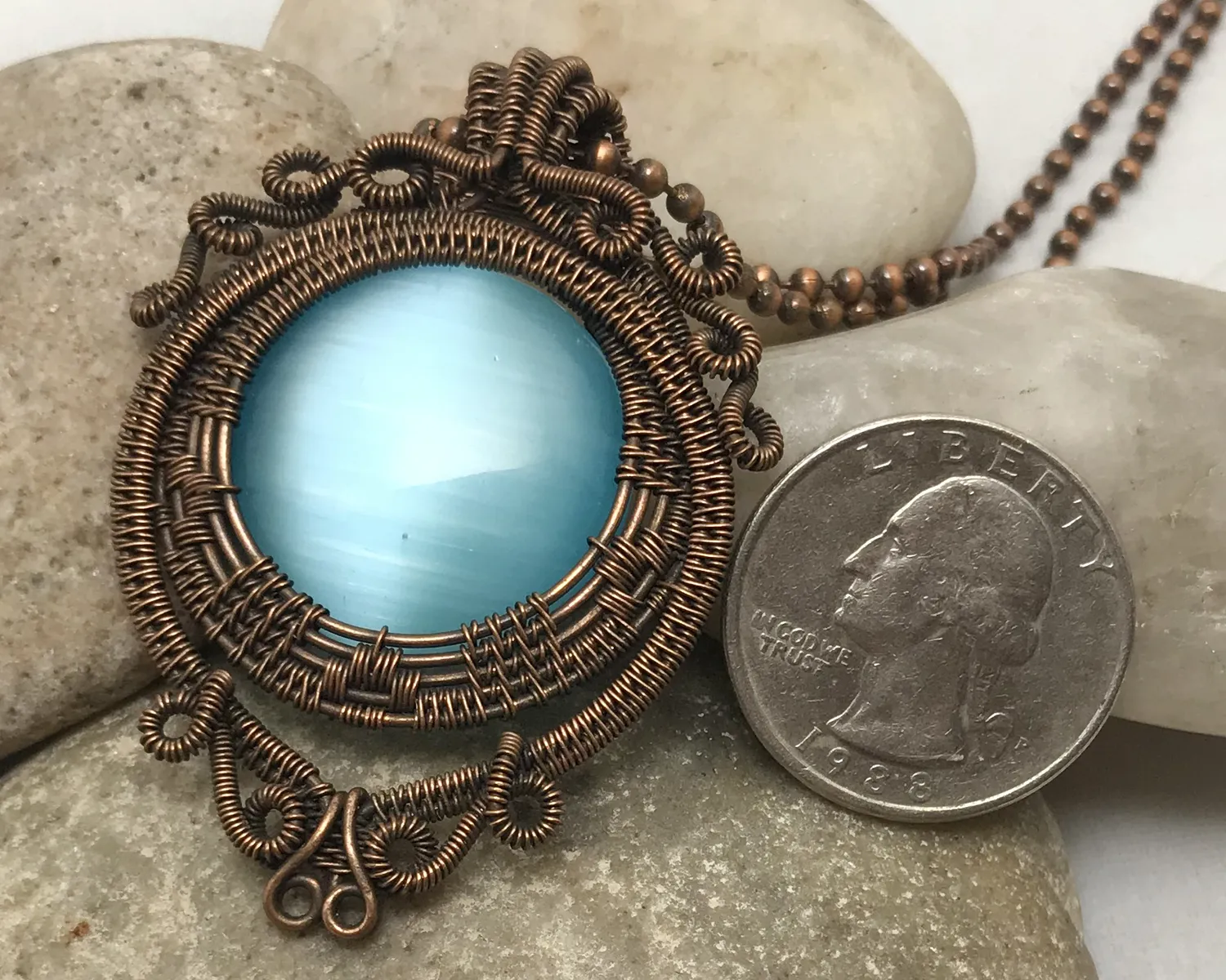 Oxidized Copper Wire Woven & Blue Fiber Optic Glass Pendant