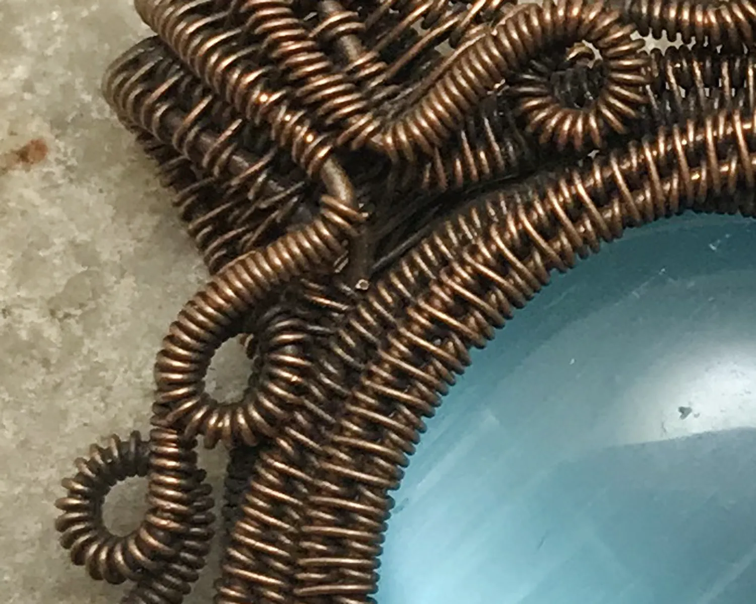 Oxidized Copper Wire Woven & Blue Fiber Optic Glass Pendant
