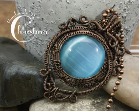 Oxidized Copper Wire Woven & Blue Fiber Optic Glass Pendant