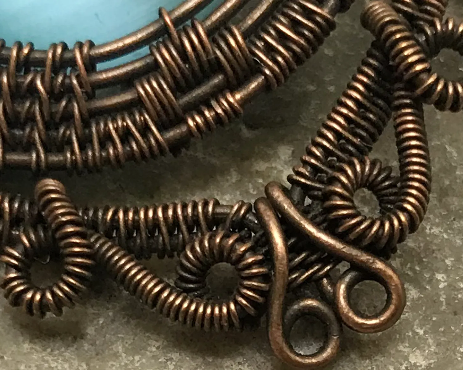 Oxidized Copper Wire Woven & Blue Fiber Optic Glass Pendant