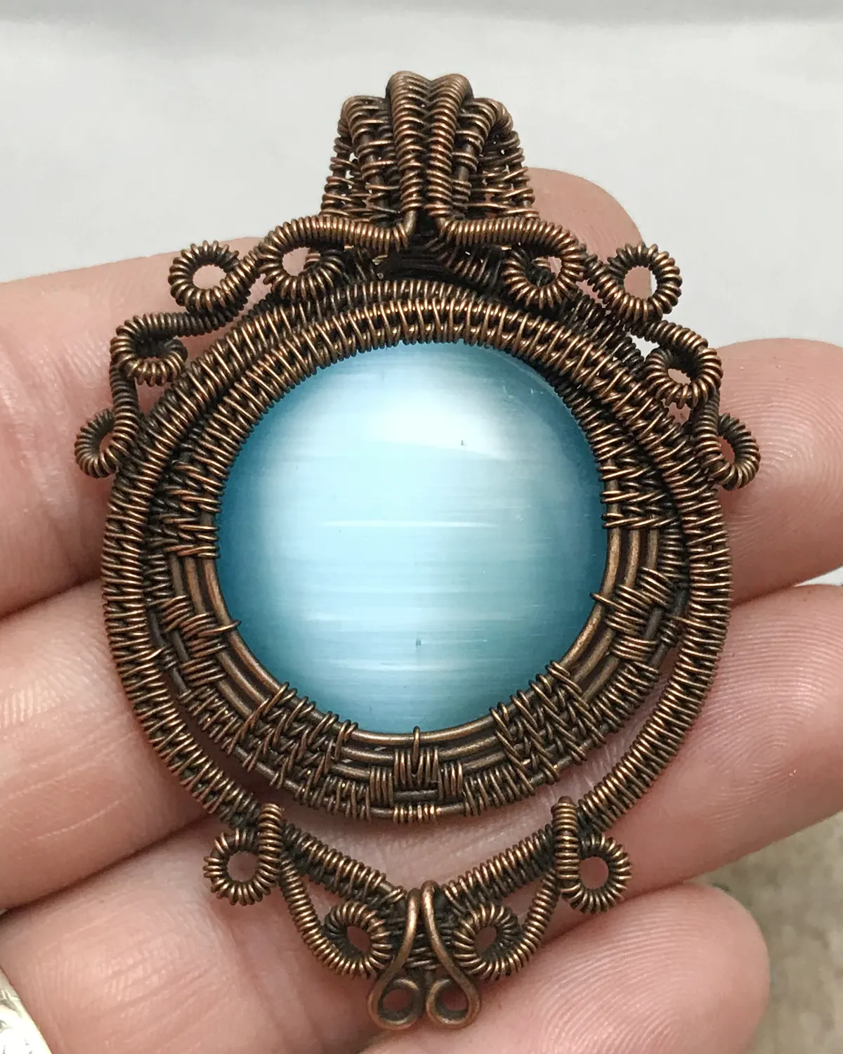 Oxidized Copper Wire Woven & Blue Fiber Optic Glass Pendant