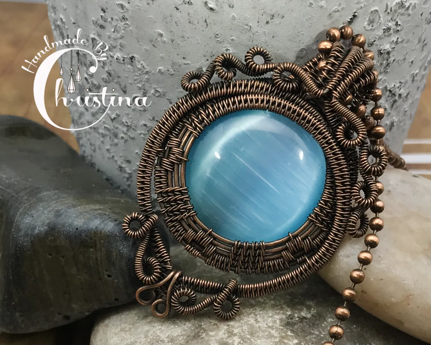 Oxidized Copper Wire Woven & Blue Fiber Optic Glass Pendant
