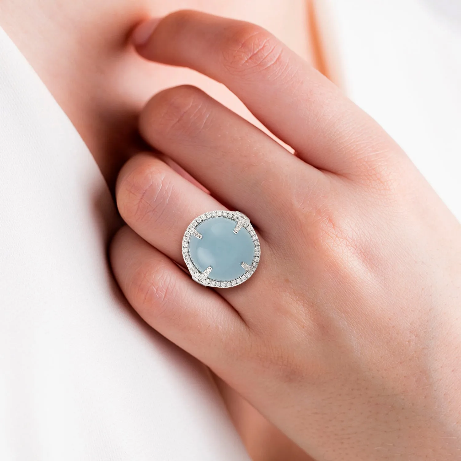 Pave Diamond Aquamarine 18k White Gold Cocktail Ring For Women