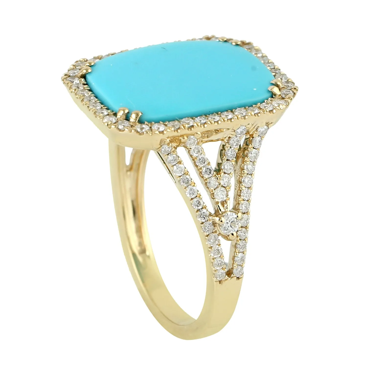 Pave Diamond Turquoise Cocktail Gemstone Party Wear Ring For Women In Solid Gold For Gift