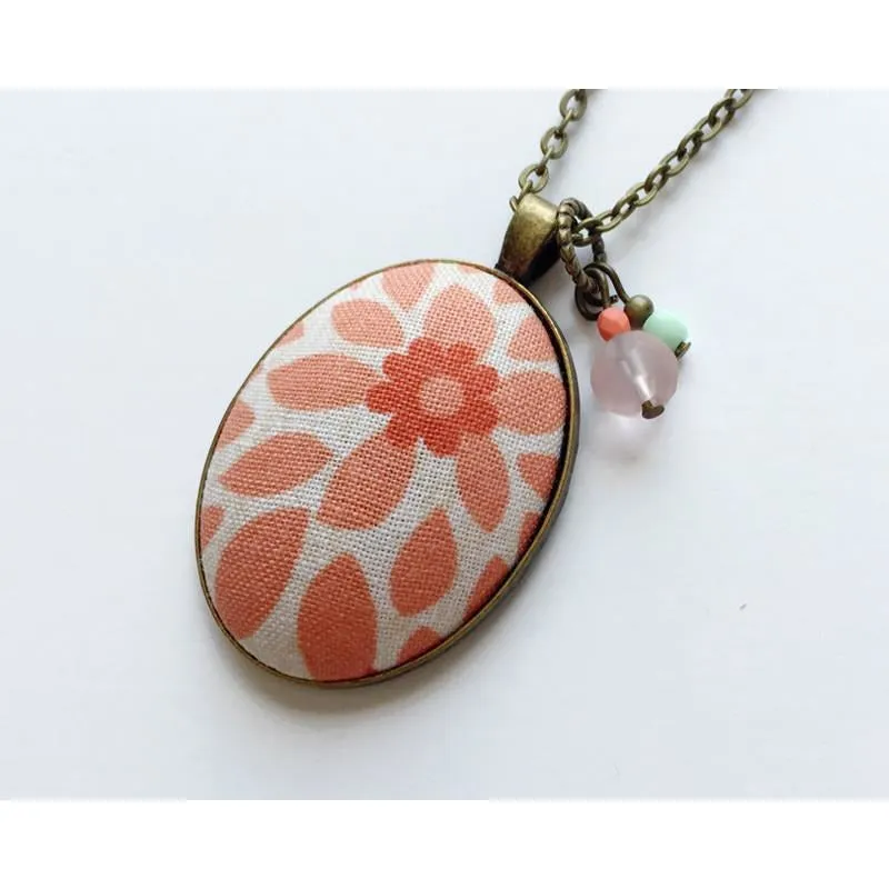 Peach/Coral Floral burst fabric pendant necklace
