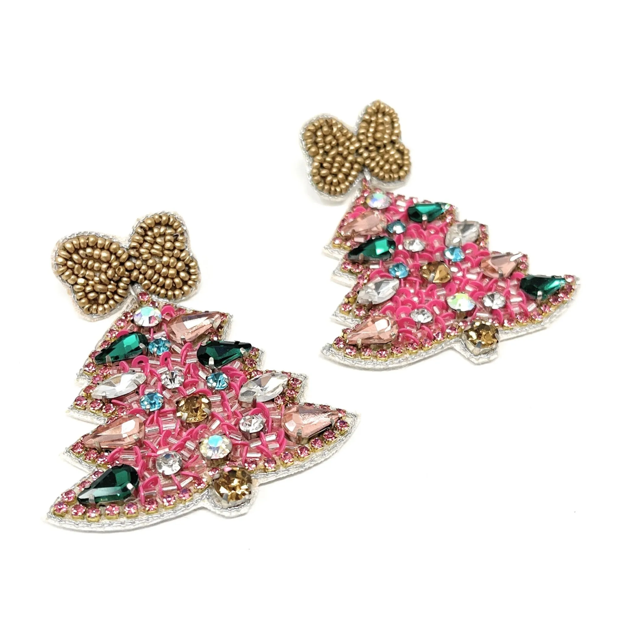 Pink Christmas Tree Jeweled Earrings