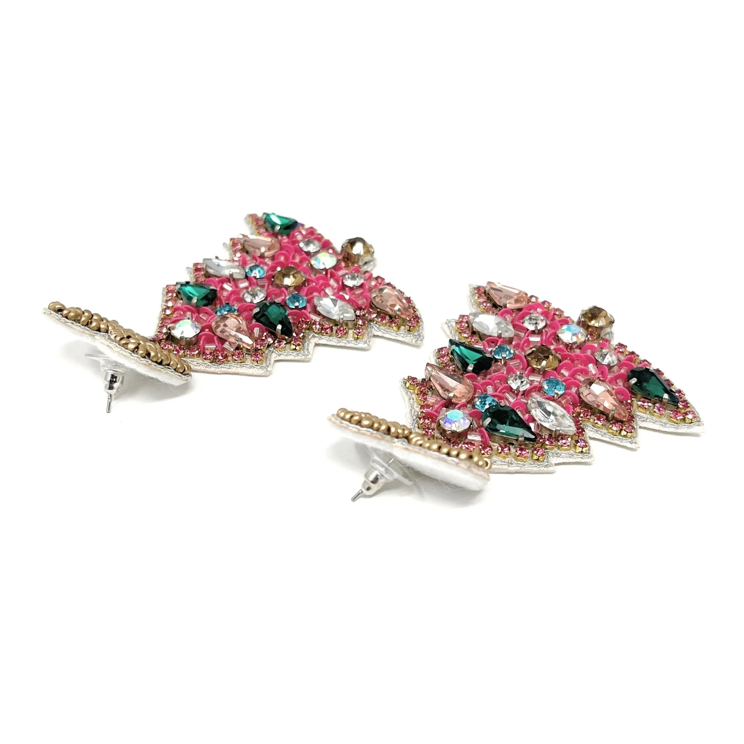 Pink Christmas Tree Jeweled Earrings