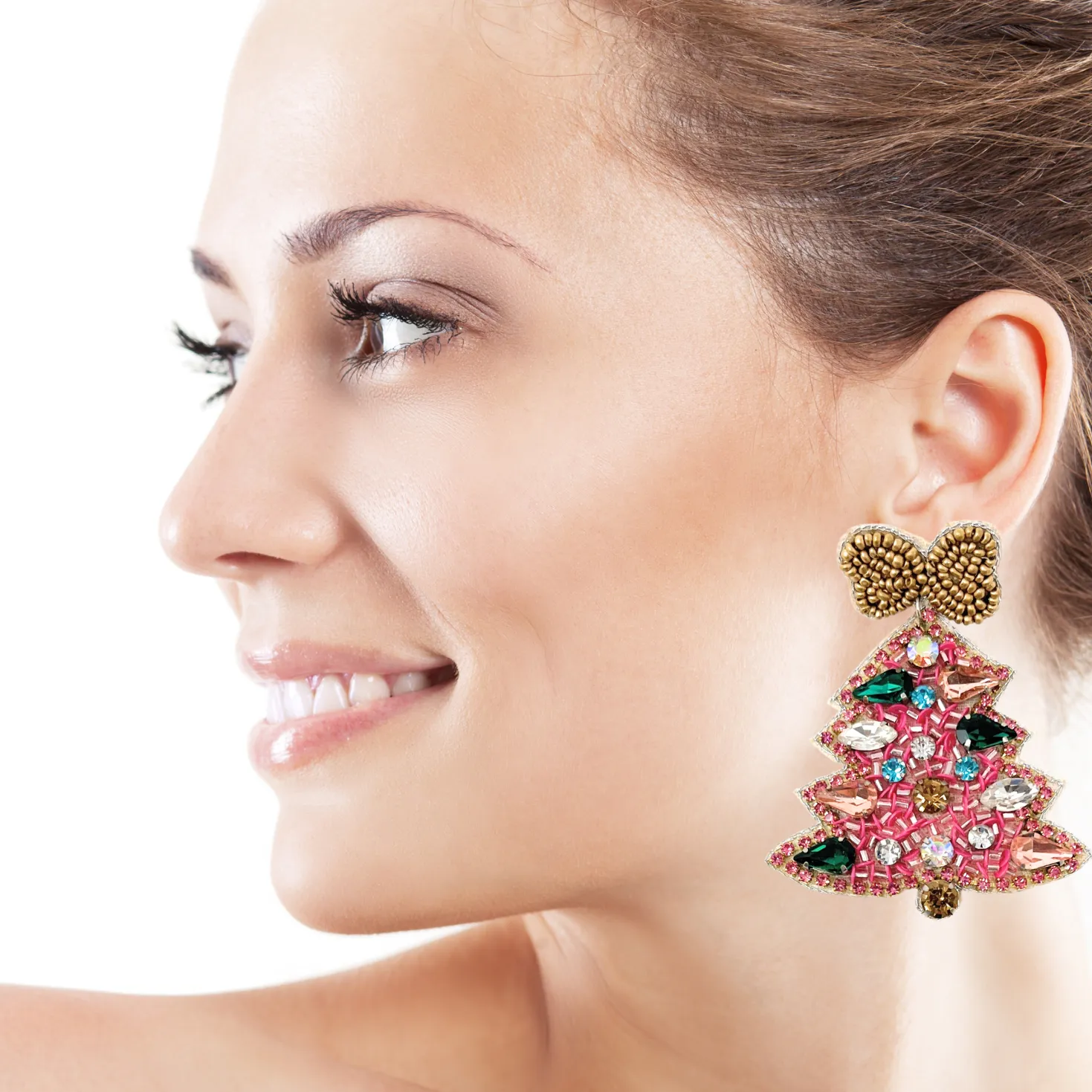 Pink Christmas Tree Jeweled Earrings