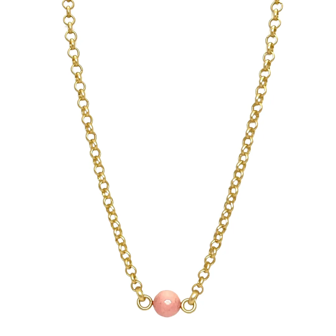 Pink Coral Jade on Matte Gold Rolo Chain Necklace