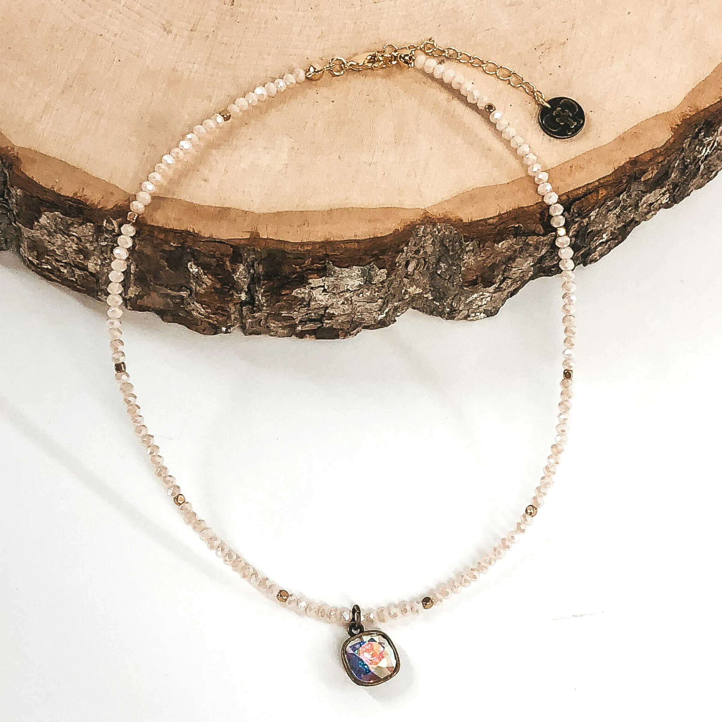 Pink Panache | Blush Crystal Beaded Necklace with AB Cushion Cut Crystal