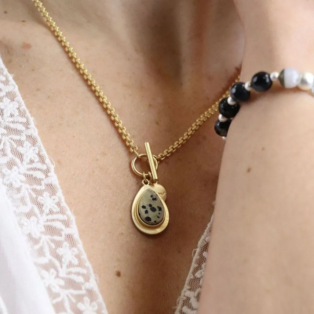 POM Matt Gold Dalmation Jasper Teardrop T-Bar Necklace