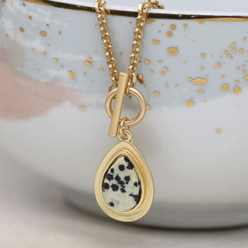 POM Matt Gold Dalmation Jasper Teardrop T-Bar Necklace